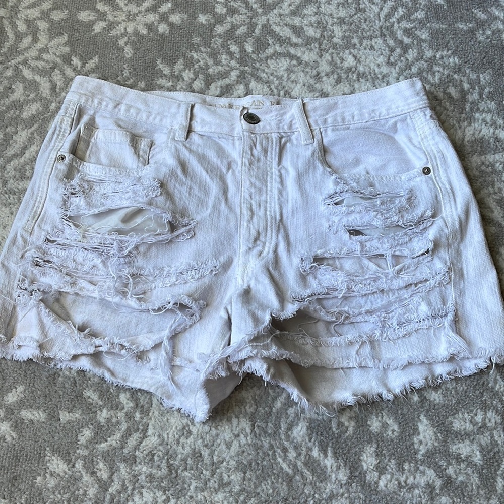 American eagle high rise distressed white button fly shorts